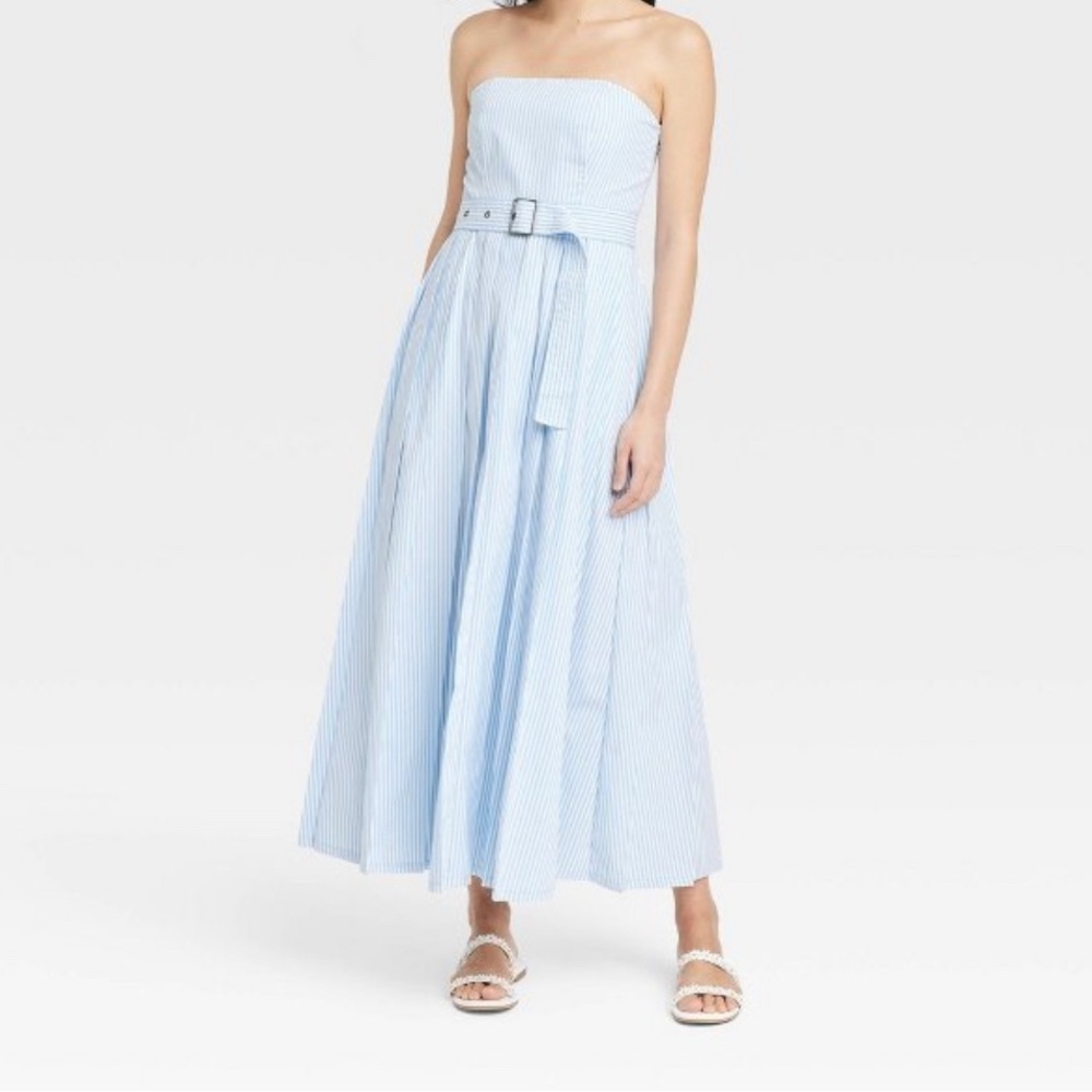 Women’s belted midi bandeau dress- a new day. Blue/white strips size 8.